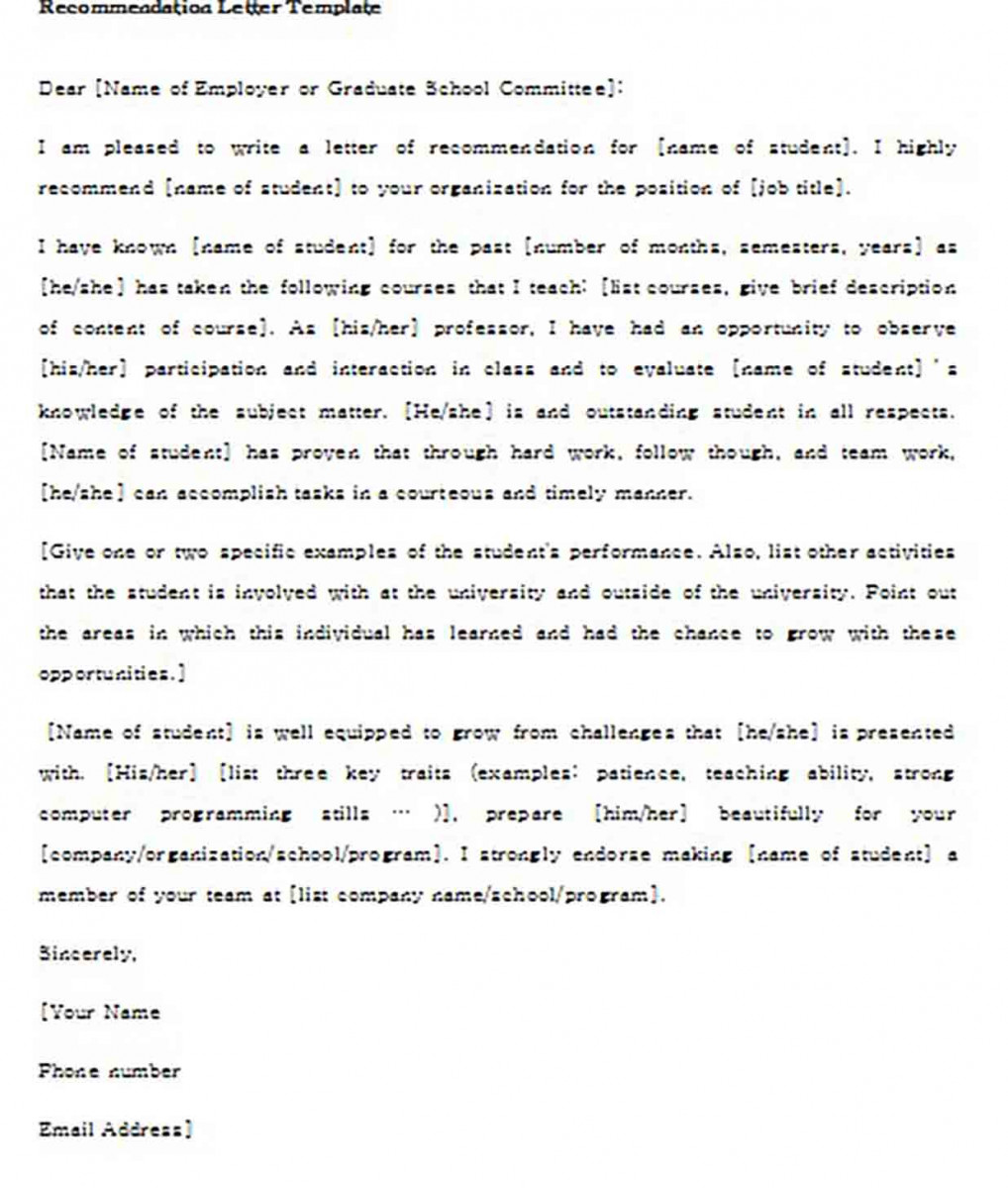 Letter of Recommendation for Student from Teacher Example