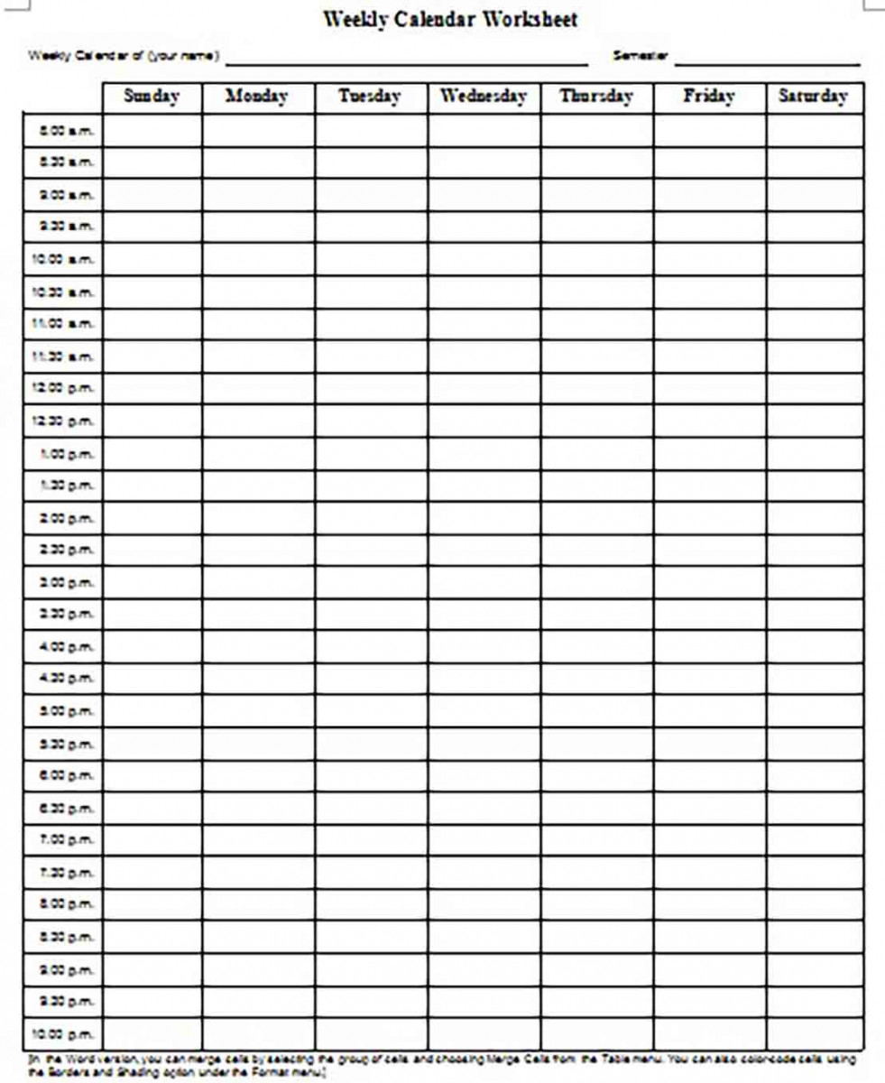 Printable Blank Weekly Calendar Worksheet