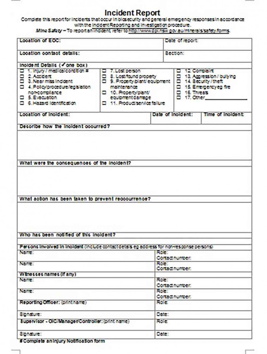 Printable Mine Safety Incident Report Form