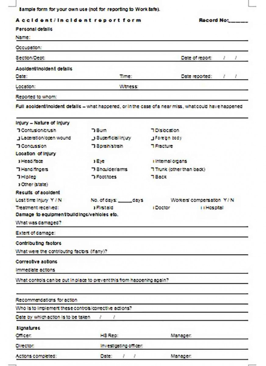 Sample Accident Incident Report Form to Worksafe
