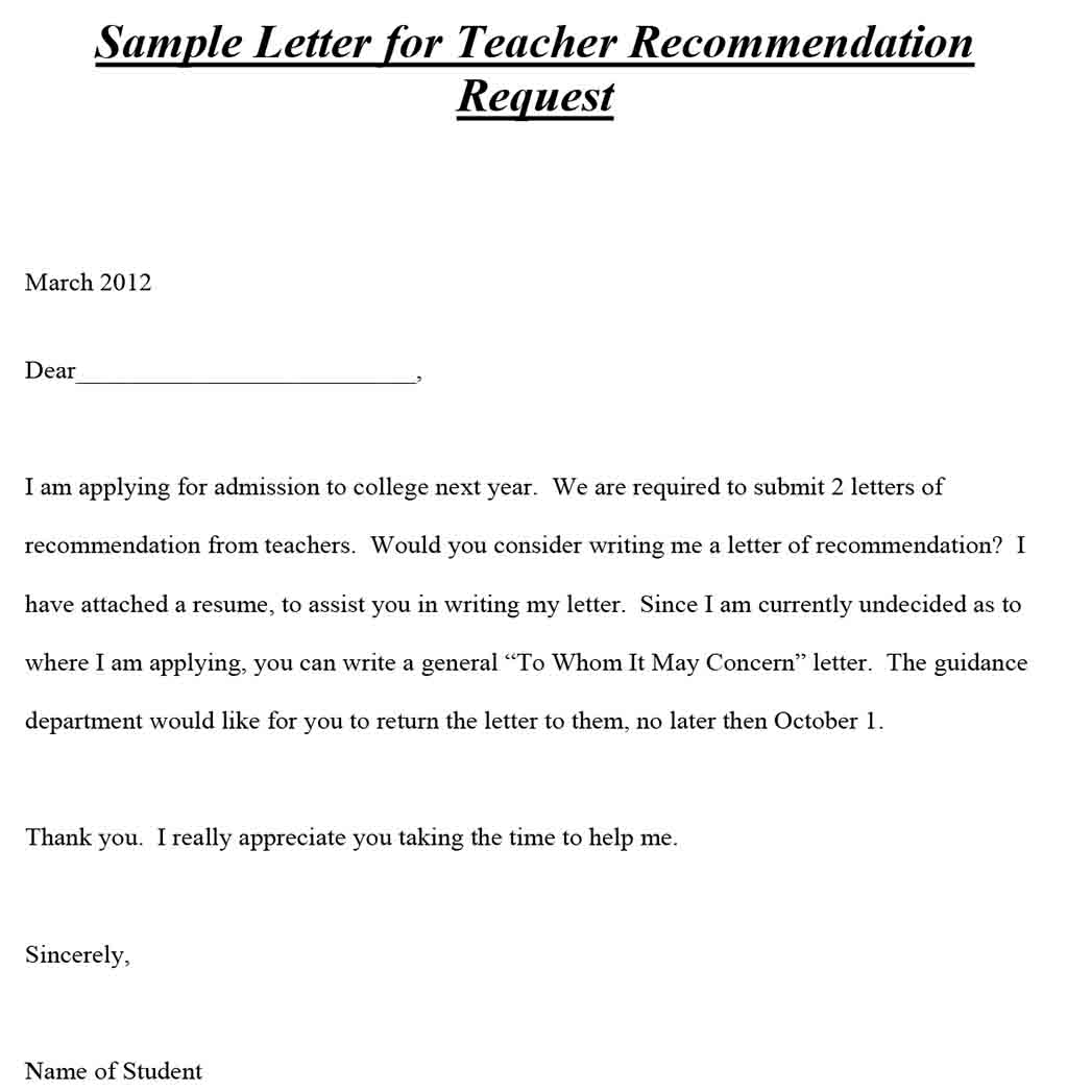 Sample Letter for Teacher Recommendation Request 1