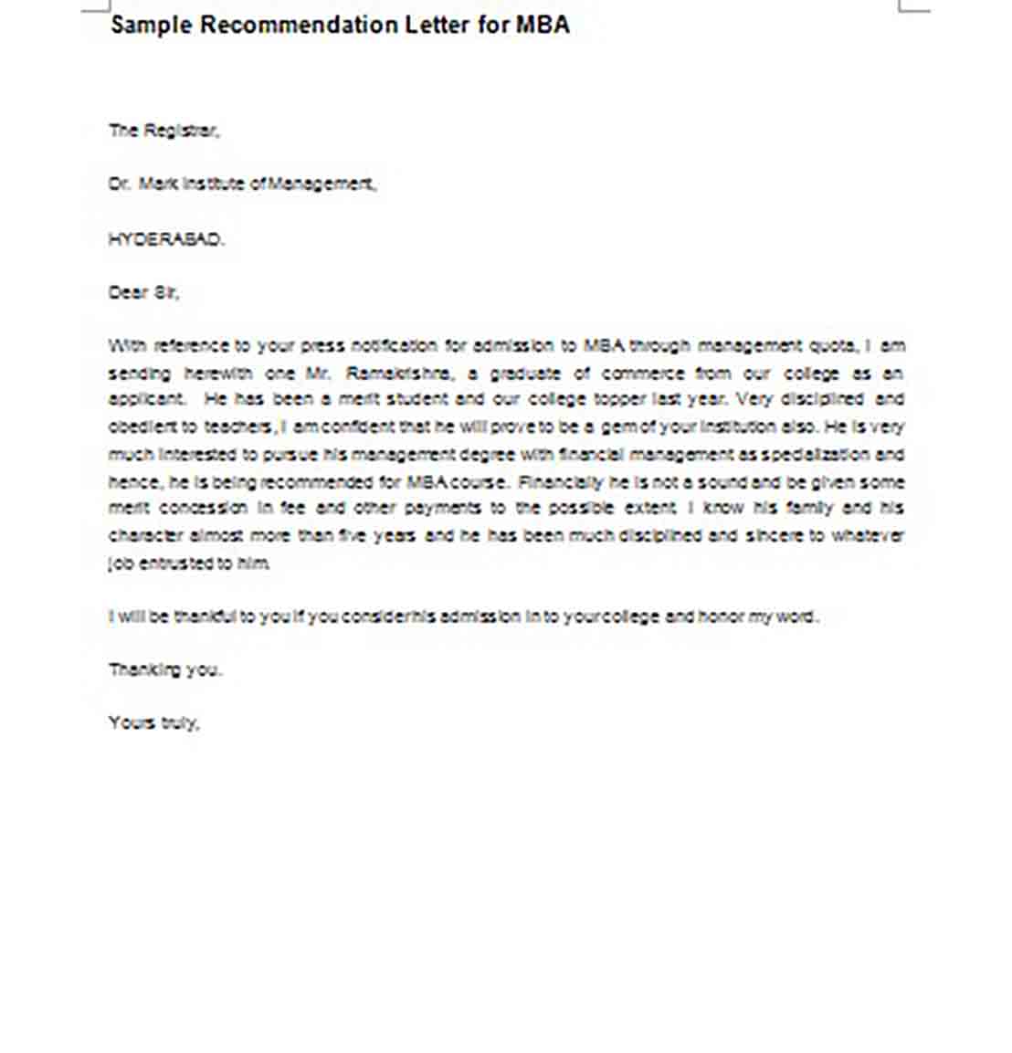 Sample Recommendation Letter for MBA