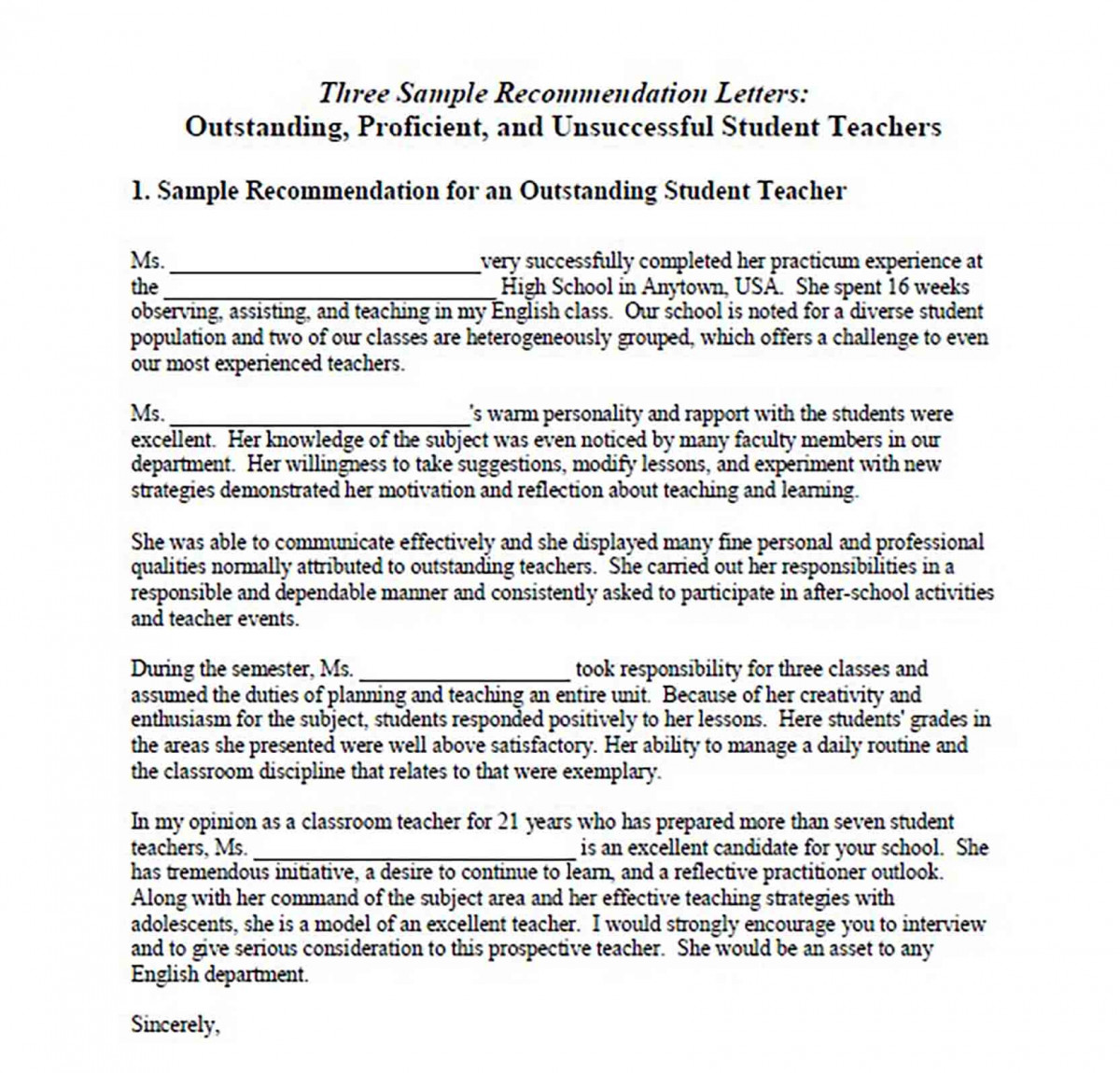 Sample Recommendation Letter for Outstanding Student Teacher
