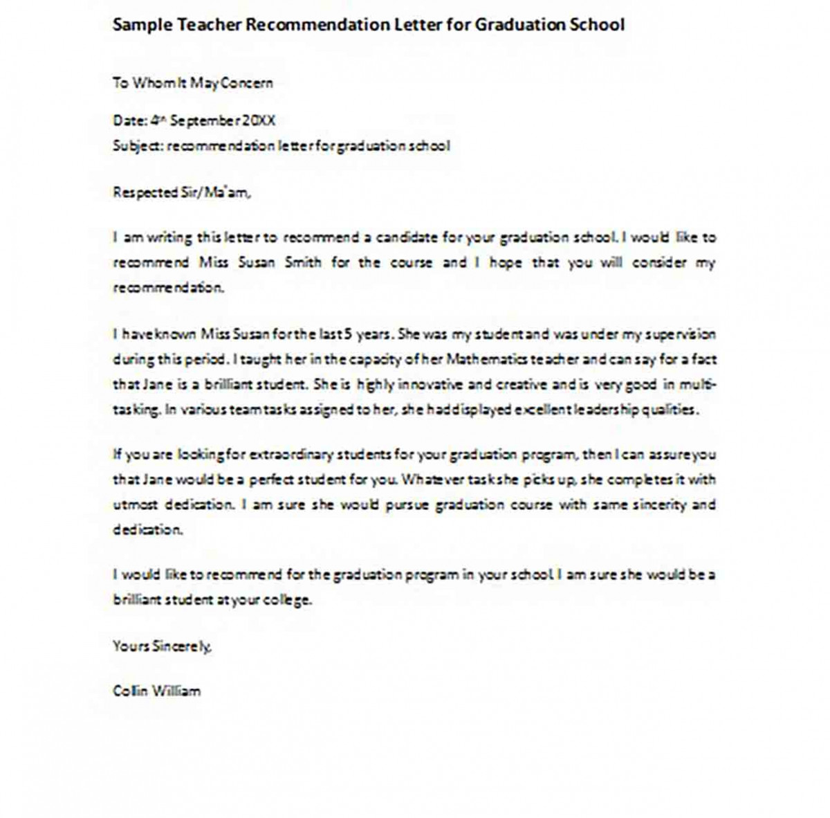 Sample Teacher Recommendation Letter for Graduation School