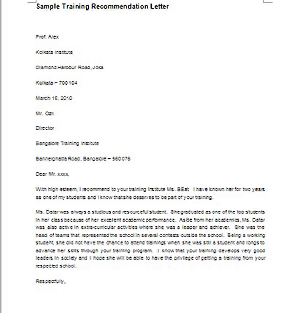 Sample Training Recommendation Letter