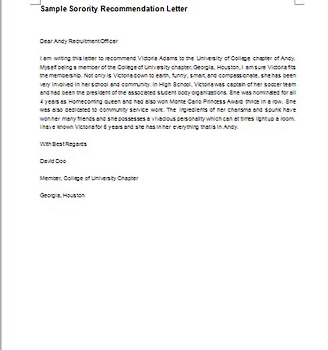 Sorority Recommendation Letter templates MS Word