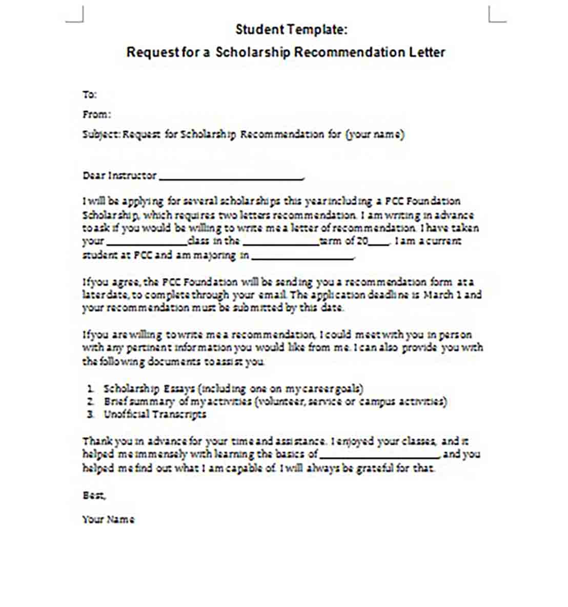 Letter Of Recommendation For Scholarship Template Word