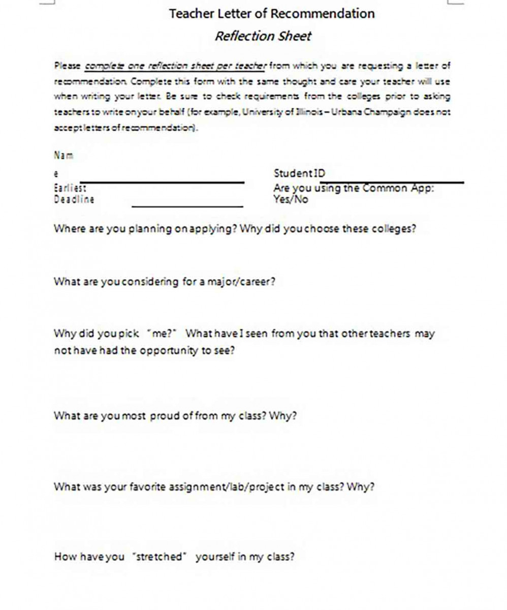 Teacher Letter of Recommendation Reflection Sheet