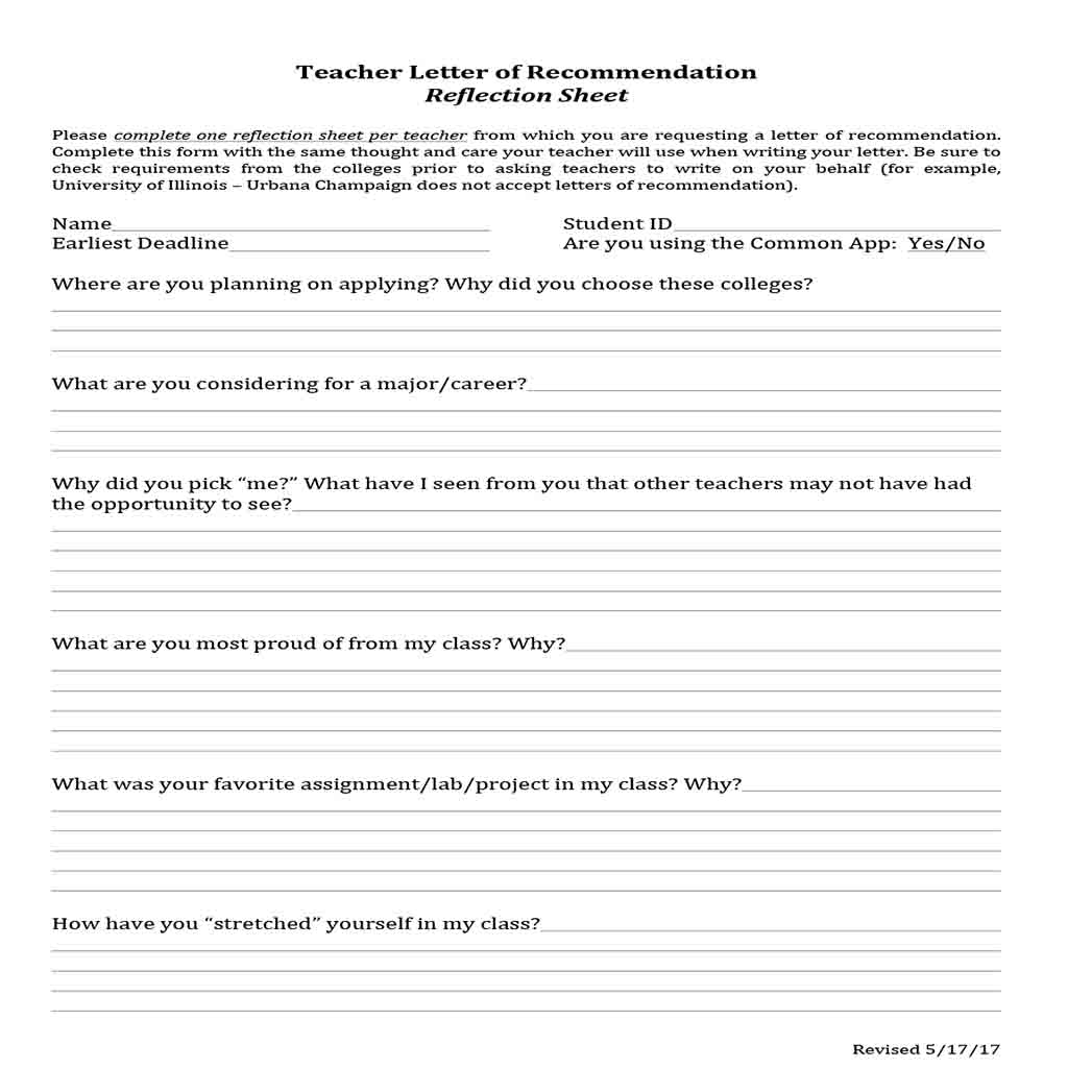 Teacher Letter of Recommendation Reflection Sheet 1