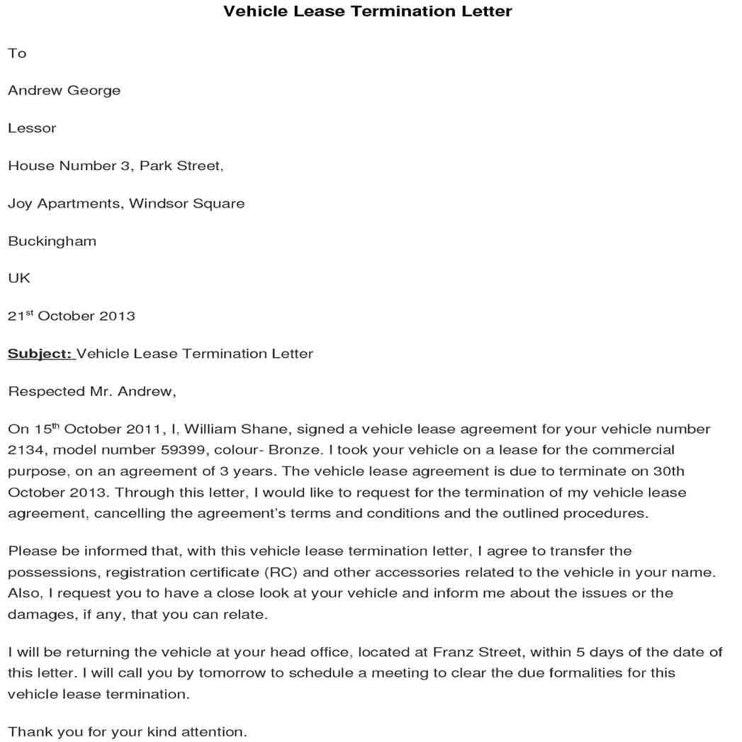 Vehicle Lease Termination Letter 1