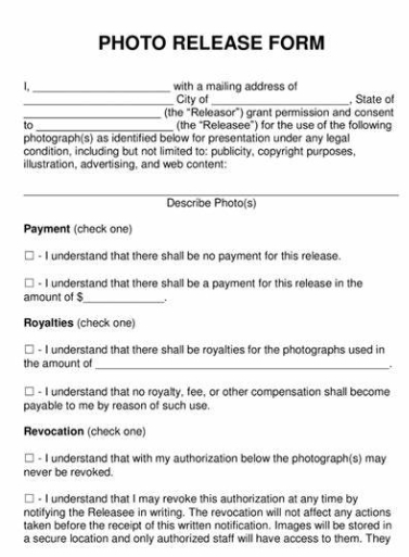 photography release form photo release