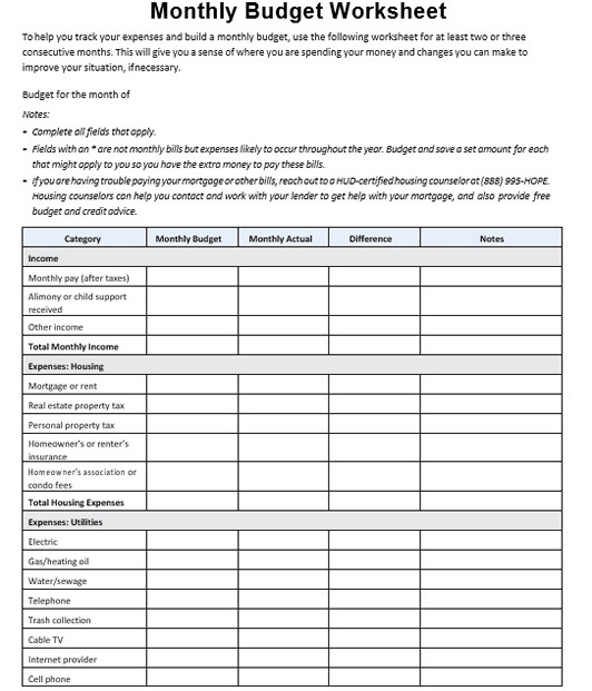 Blank Monthly Budget Spreadsheet