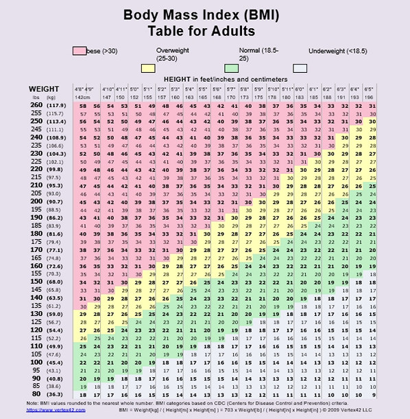 Body Mass Index BMI Table for Adults