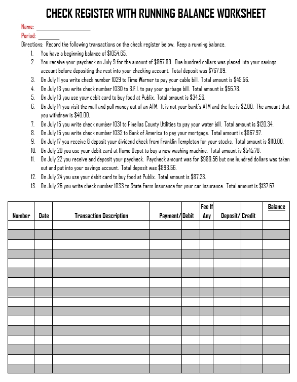 Checkbook Register Work Template