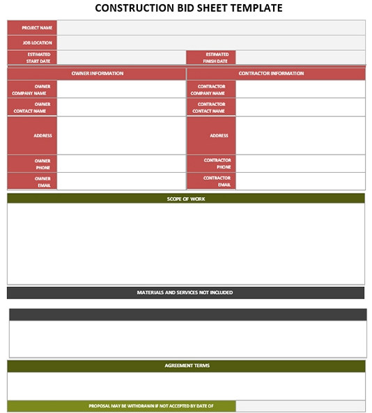 Construction Bid Sheet Template