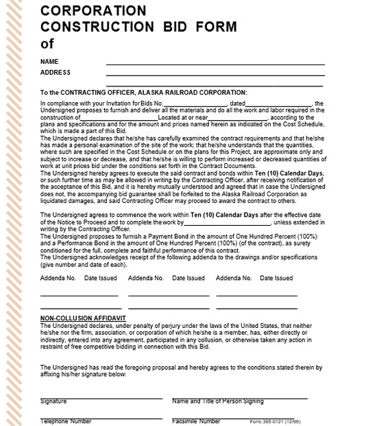 Corporation Construction Bid Form