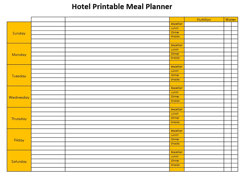 Hotel printable meal planner