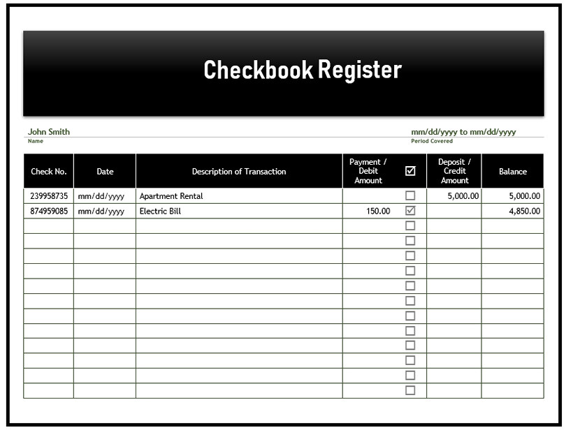 Payment Checkbook Register