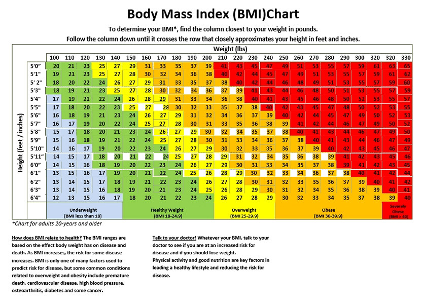 Printable Body Mass Index BMIChart