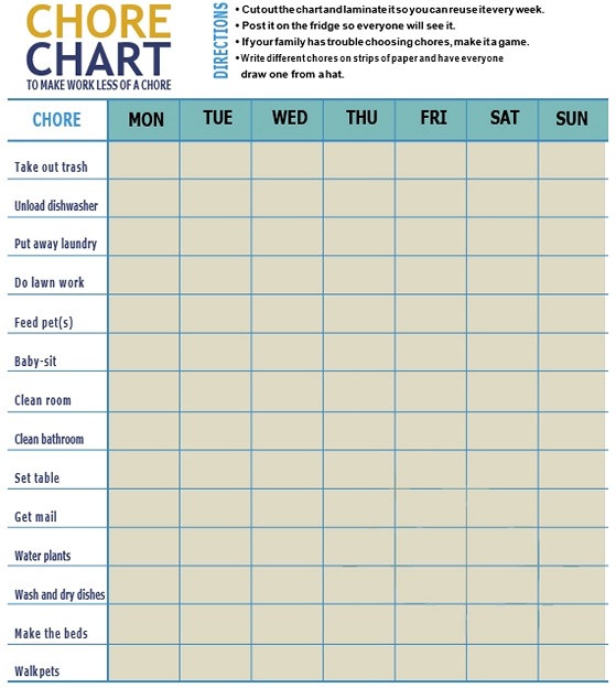 Printable Character Chore Chart
