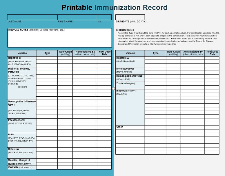 Printable Immunization Record