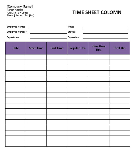 Printable Time Sheet Colomn