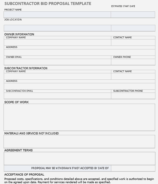 Subcontractor Bid Proposal Form