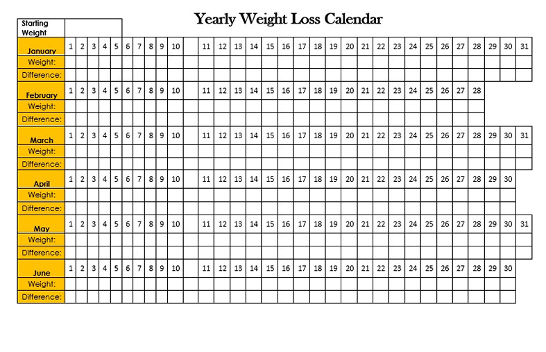 Yearly Weight Loss Calendar