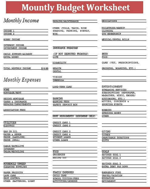 monthly budget worksheet