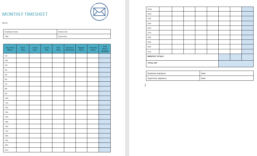 printable monthly time sheets forms