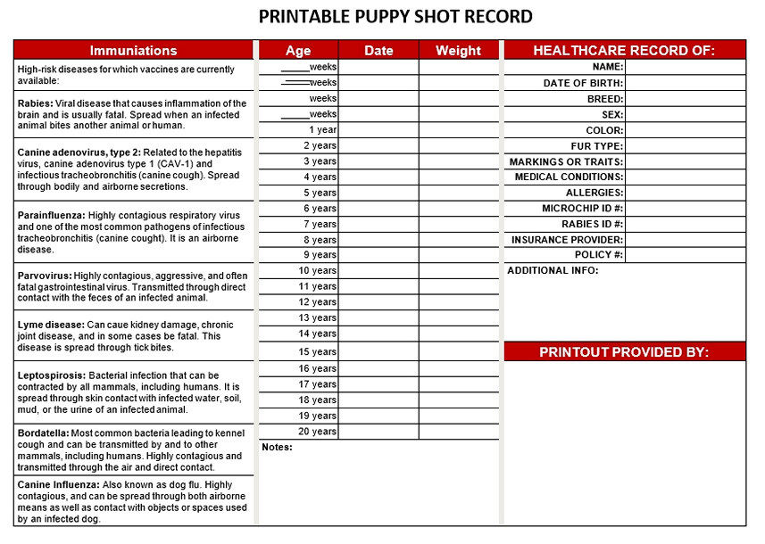 printable puppy shot record