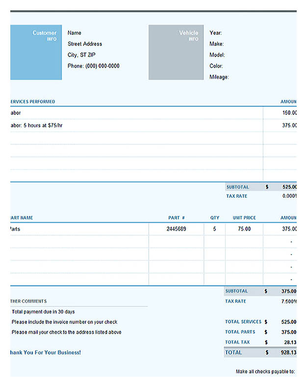 Auto Repair Excel Invoice Template