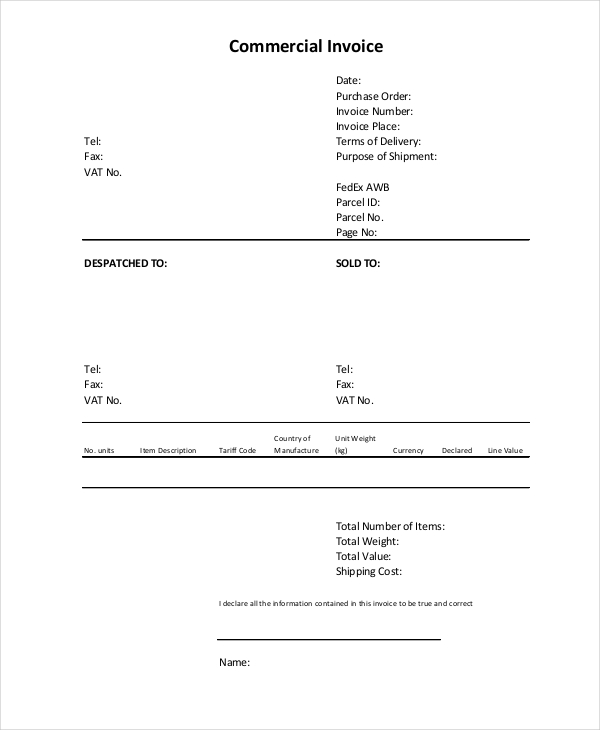 Blank Commercial Invoice Template