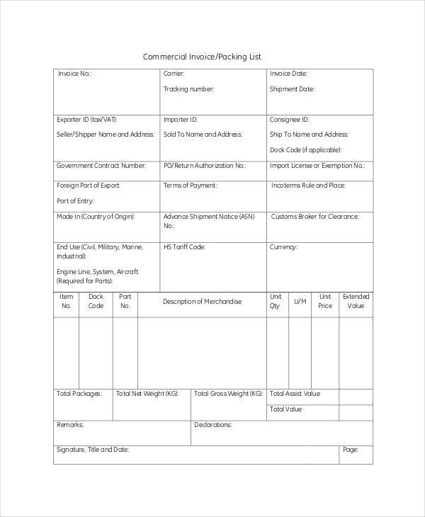 Commercial Invoice Packing List