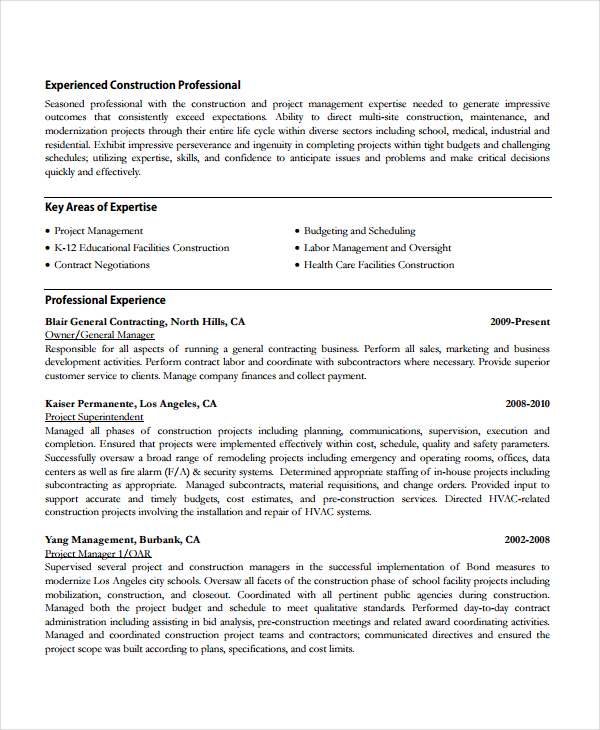 Construction Work Resume Template
