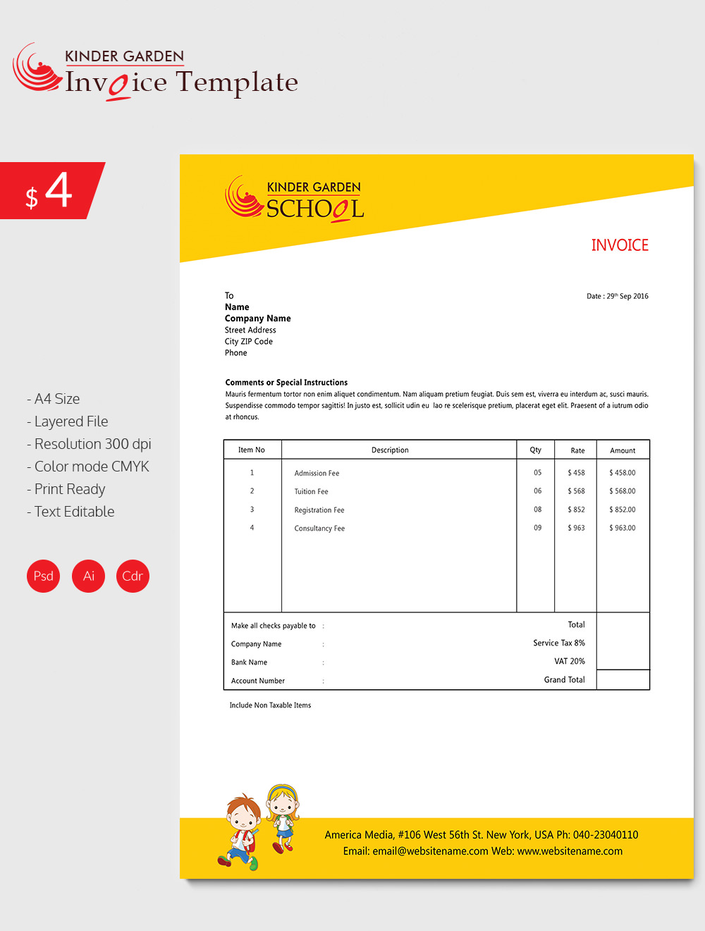 Enticing Kindergarten School Invoice Template