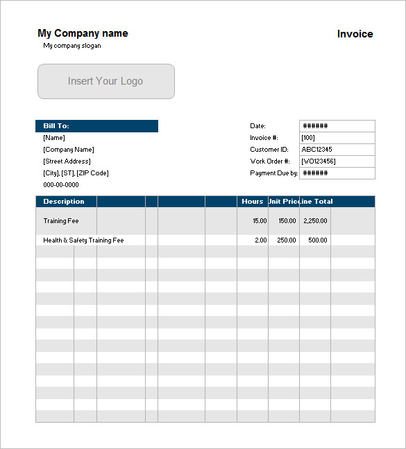 Example of Service Invoice with Customer List Excel