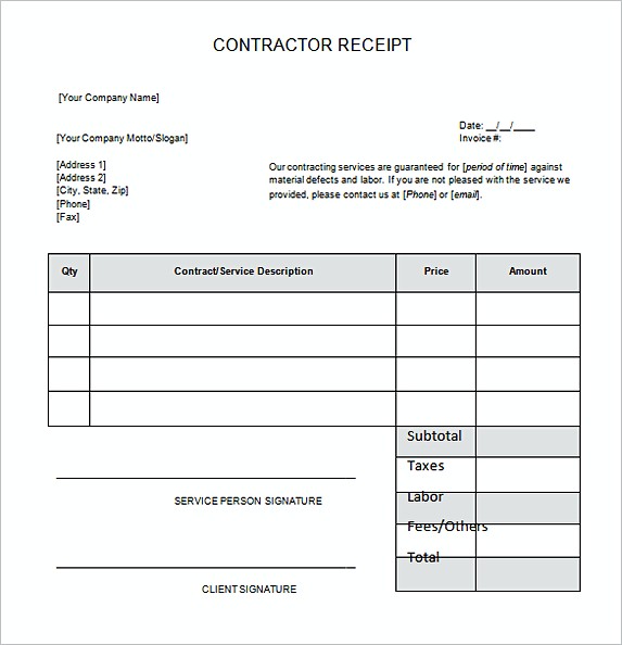 General Blank Contractor Receipt Word