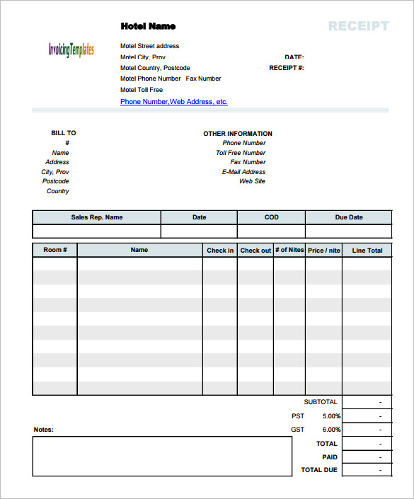 Hotel Invoice Receipt Template Document