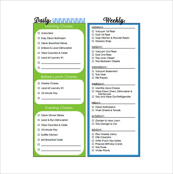 Household Weekly Chore Chart Free