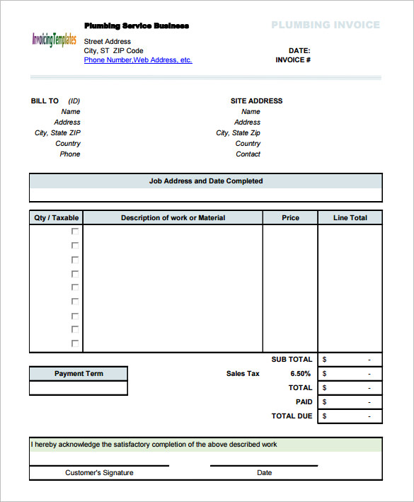 Plumbing Service Invoice Template with Sales Tax