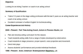 Sample Acting Teacher Coach Resume Template