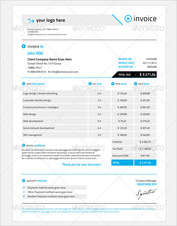 Sample Business Invoice Template in Word Excel