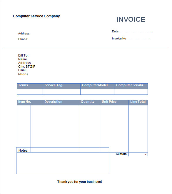 Sample Computer Service Company Invoice Template