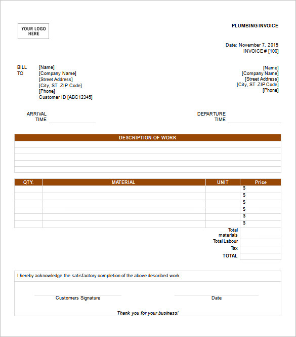 Sample Plumbing Invoice Template in Blank Format