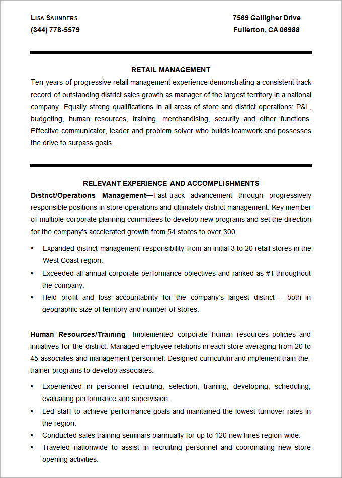 Sample Retail Management Resume Template