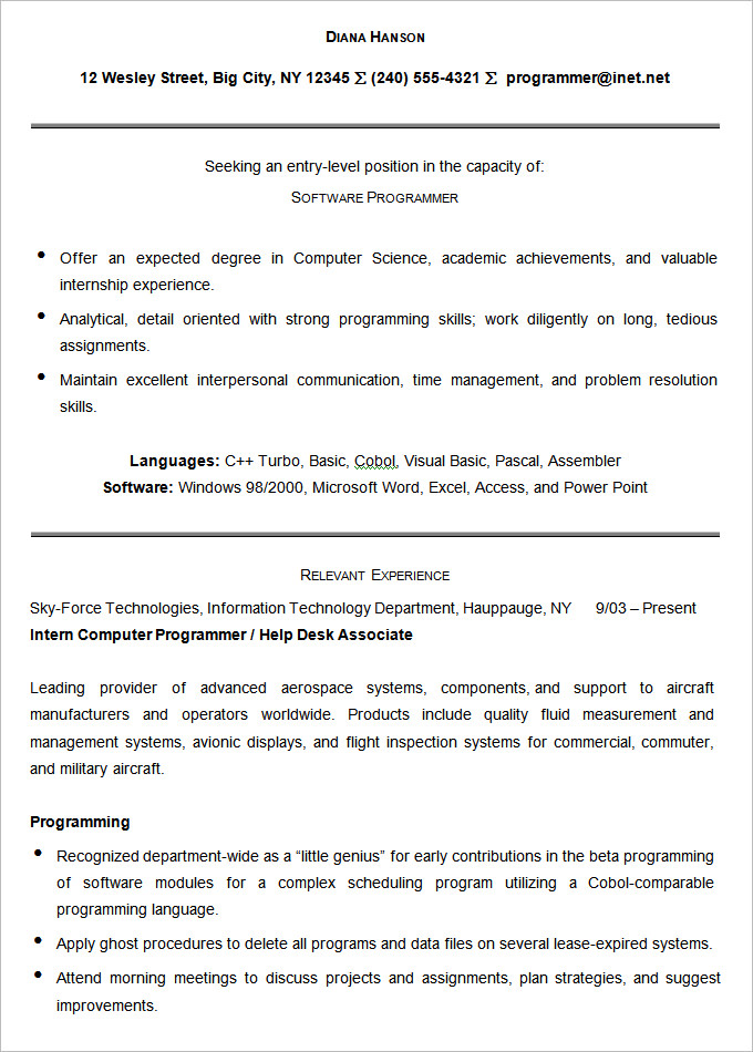 Sample Software Programmer Resume Template