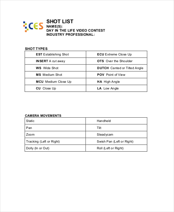 Simple Shot List Template