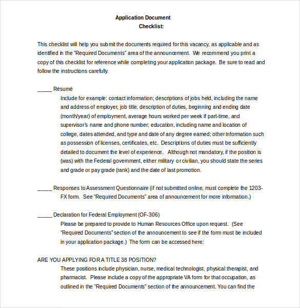 Application Checklist Template Word Format