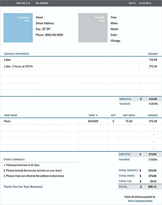 Auto Repair Excel Invoice templatess